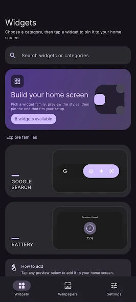 Bilyx Widgets Pro home screen with widget families and categories