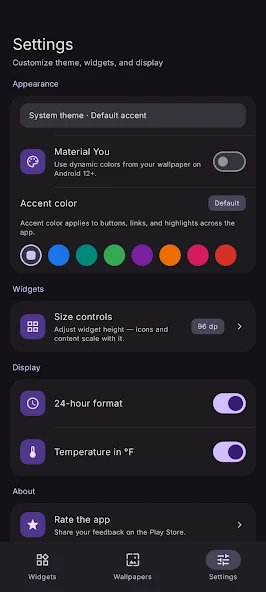 Theme, Material You, accent colors, and widget settings