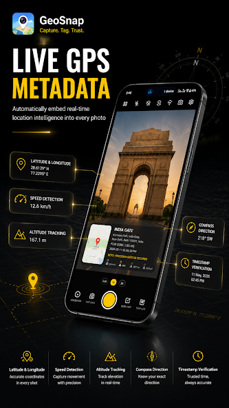 GeoSnap live GPS metadata camera with coordinates, speed, altitude, and timestamp on photos