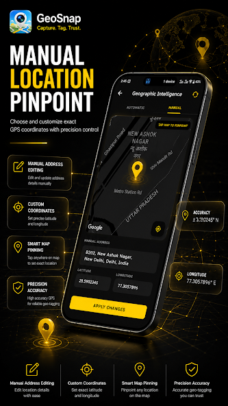 GeoSnap manual location pinpoint with custom latitude, longitude, and map pinning